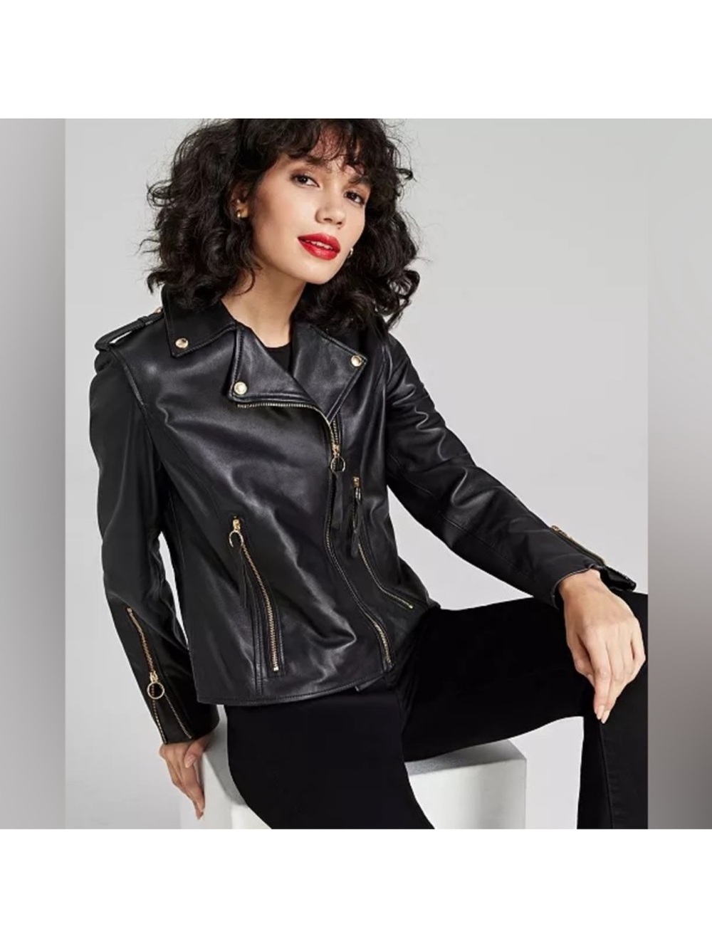 Sam Edelman Leather Zip-Cuff Moto Jacket w/ Printed Lining